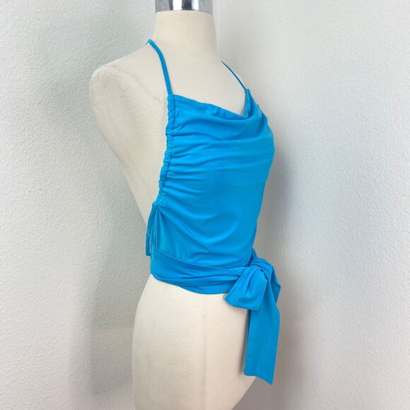 Peacock Blue Wrap Jersey Knit Halter Top Sm/Med Backless Boho Gypsy Coquette - Picture 7 of 8